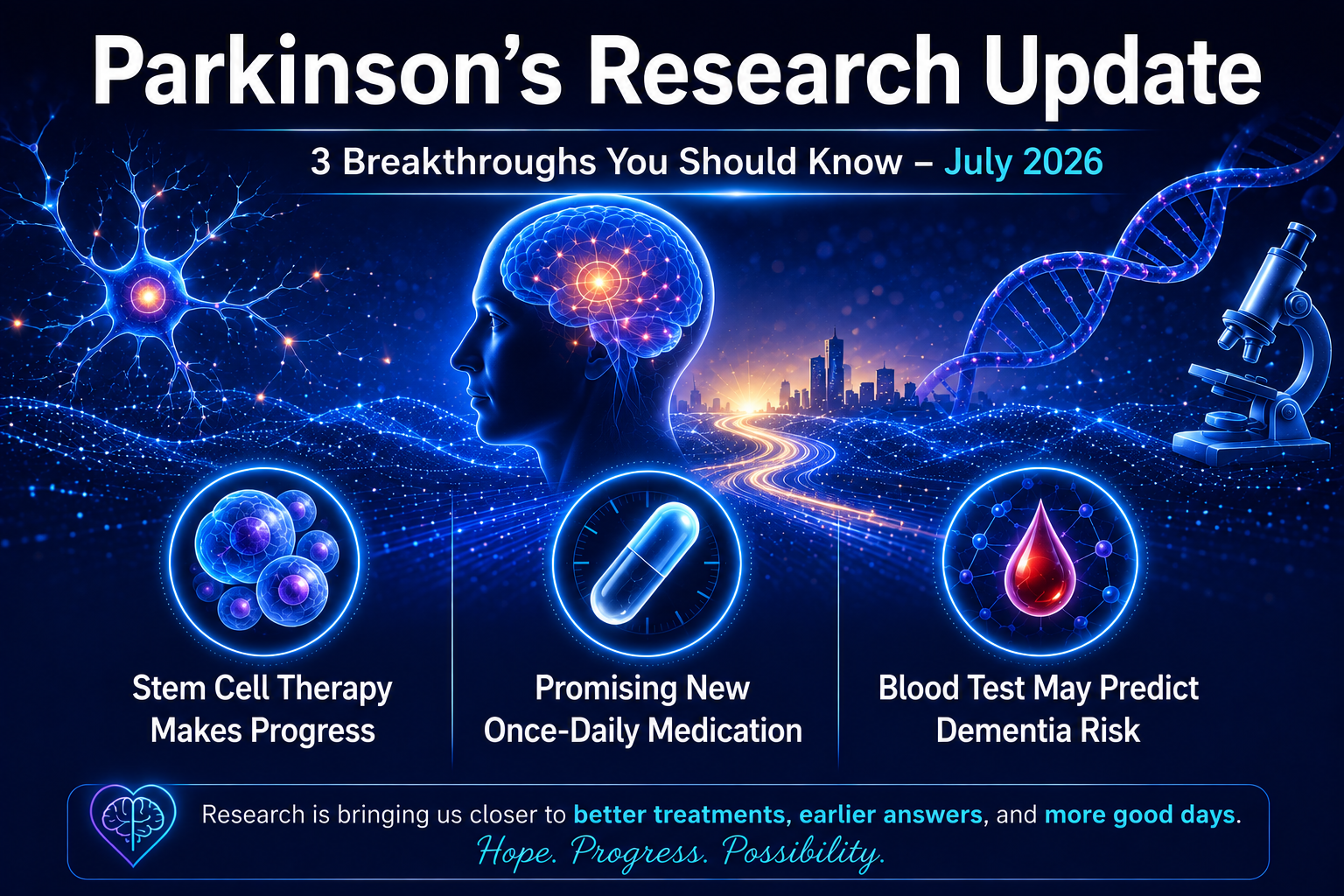 Parkinson's Research Update infographic highlighting three July 2026 breakthroughs: stem cell therapy progress, a promising once-daily Parkinson's medication, and a blood test that may help predict dementia risk.