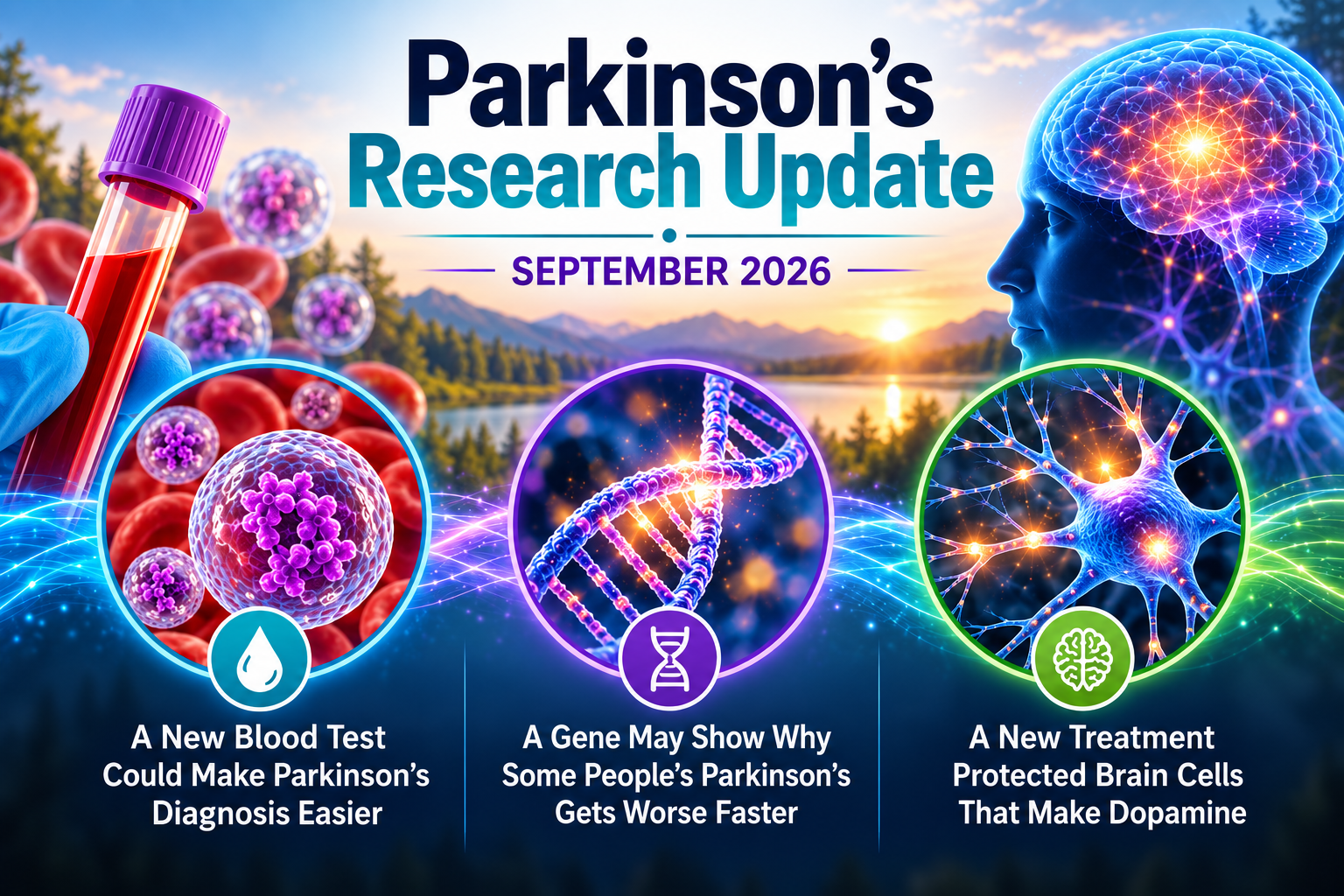 Parkinson's Research Update infographic highlighting three September 2026 breakthroughs: a promising blood test for diagnosis, a gene linked to disease progression, and a treatment that protects dopamine-producing brain cells.